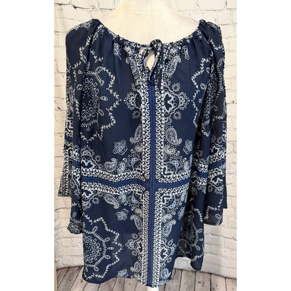 WESTPORT Top Blouse Women Plus Size 1X Blue White Paisley Short 3/4 Sleeve BOHO